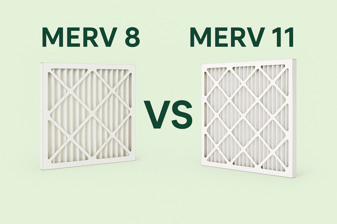Side-by-side comparison graphic of two HVAC air filters labeled ‘MERV 8’ and ‘MERV 11’ with a large ‘VS’ between them, shown in Aerterra’s brand colors on a light blue background to illustrate the differences in home air filter performance.