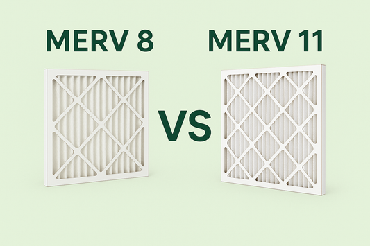 Side-by-side comparison graphic of two HVAC air filters labeled ‘MERV 8’ and ‘MERV 11’ with a large ‘VS’ between them, shown in Aerterra’s brand colors on a light blue background to illustrate the differences in home air filter performance.