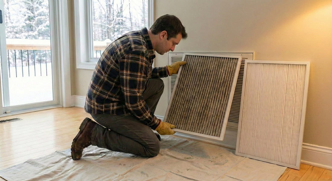 man changing home air aerterra filter vent during winter 