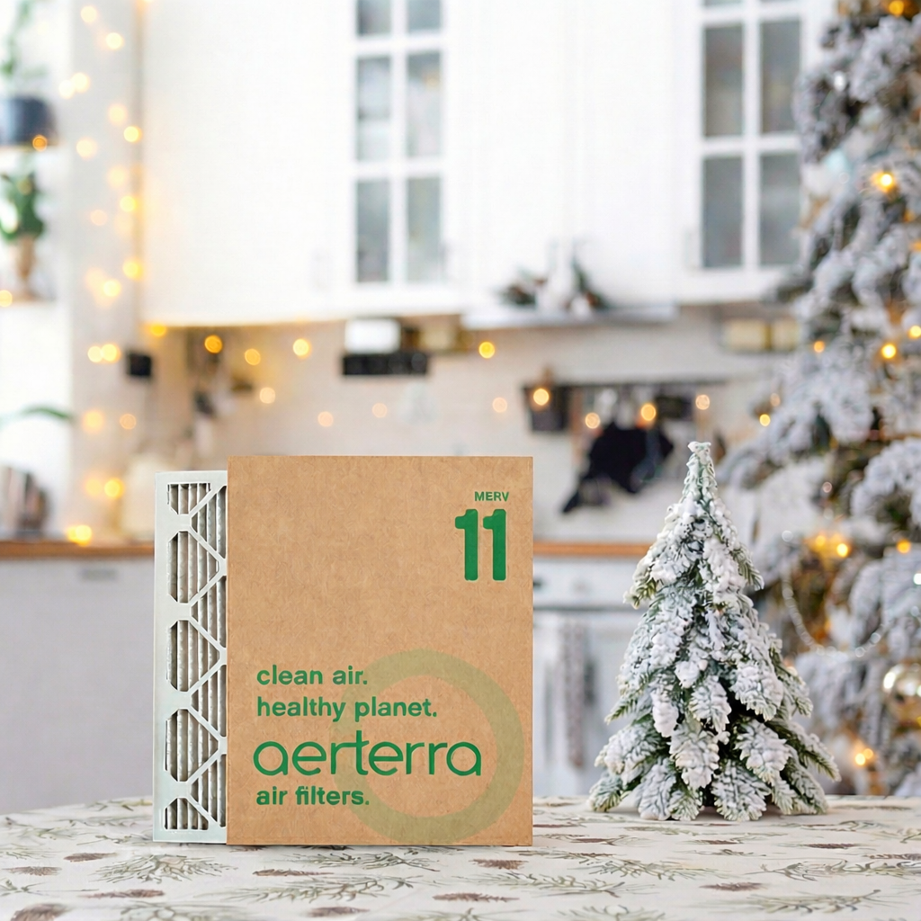 Cozy holiday kitchen scene with warm lights, winter decor, and a festive table setting symbolizing a healthy, comfortable home during the holidays